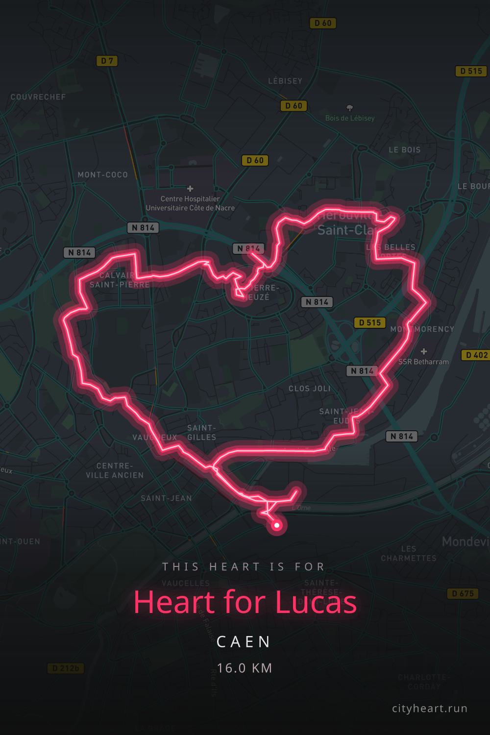 Heart-shaped running route in Caen, 17.7 km — GPS art for Strava