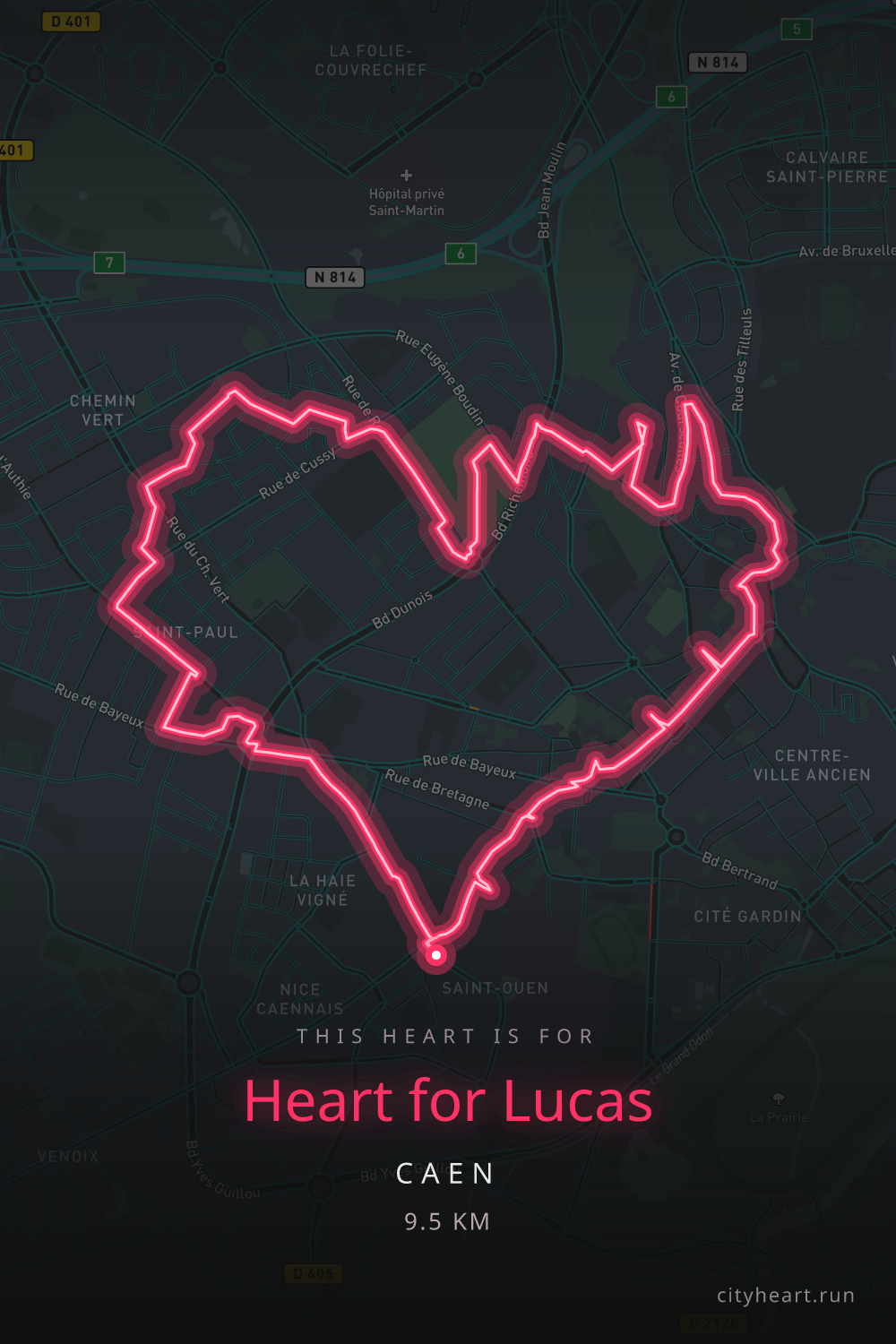 Heart-shaped running route in Caen, 11.1 km — GPS art for Strava