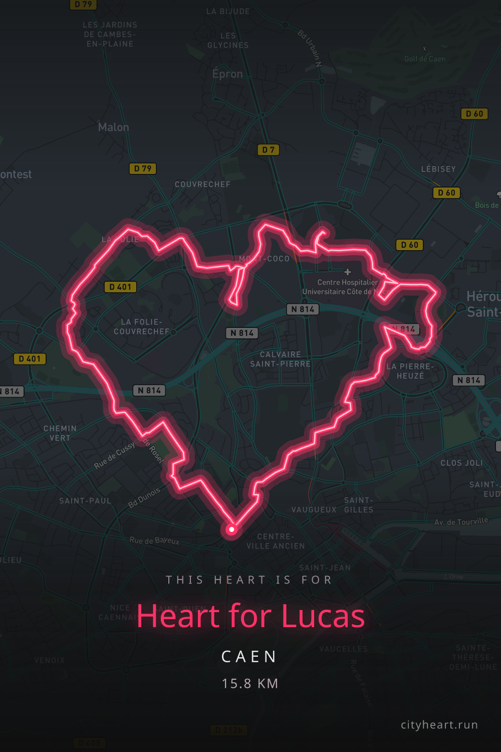 Heart-shaped running route in Caen, 16.5 km — GPS art for Strava