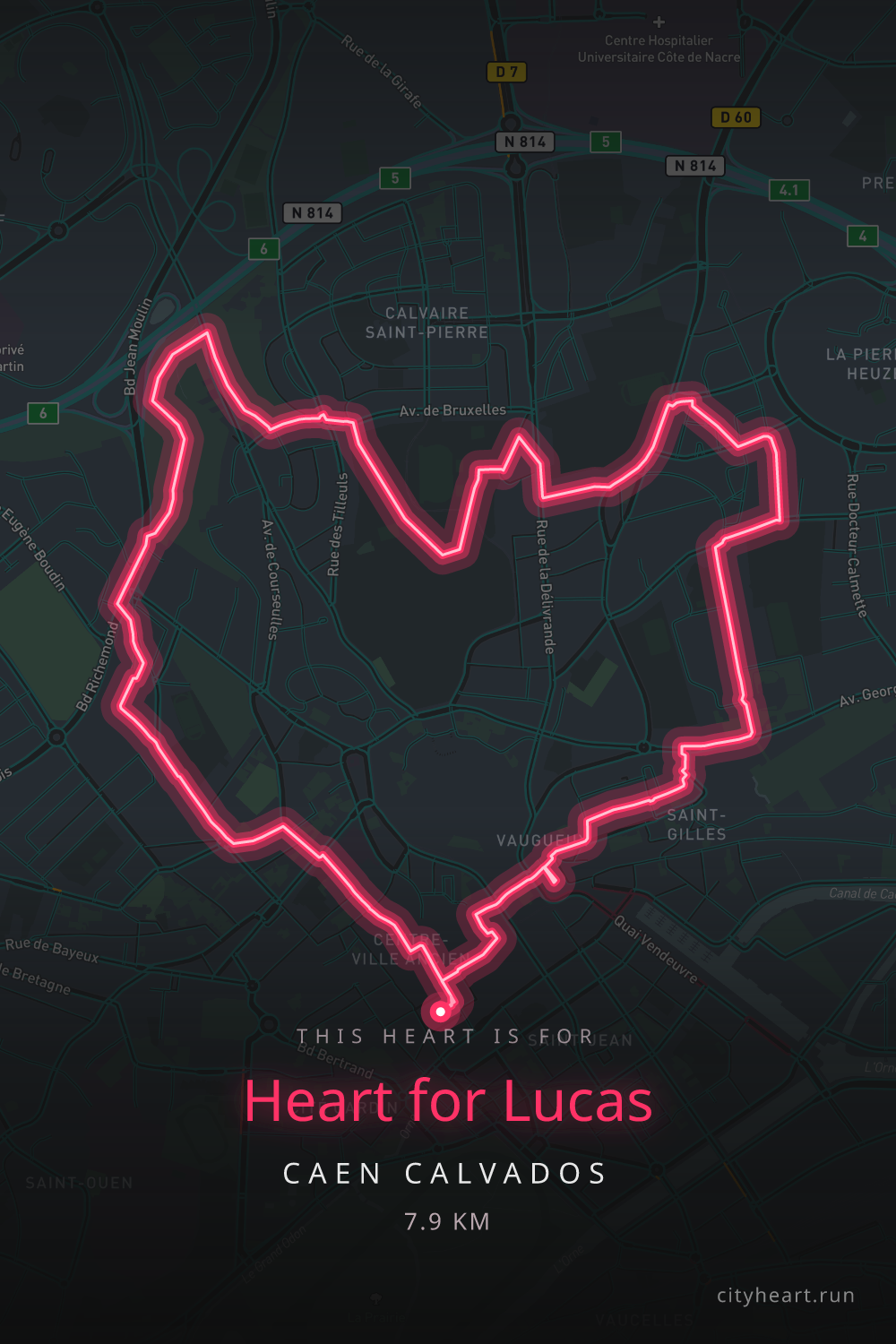 Heart-shaped running route in Caen calvados, 9.5 km — GPS art for Strava