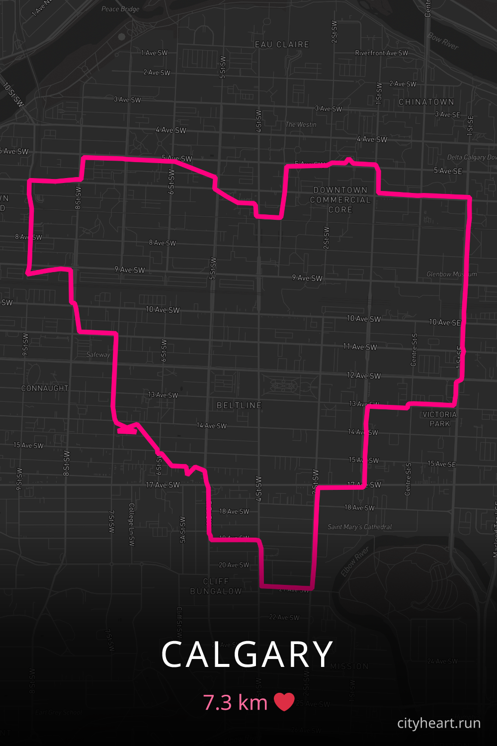 Heart-shaped running route in Calgary, 7.3 km — GPS art for Strava