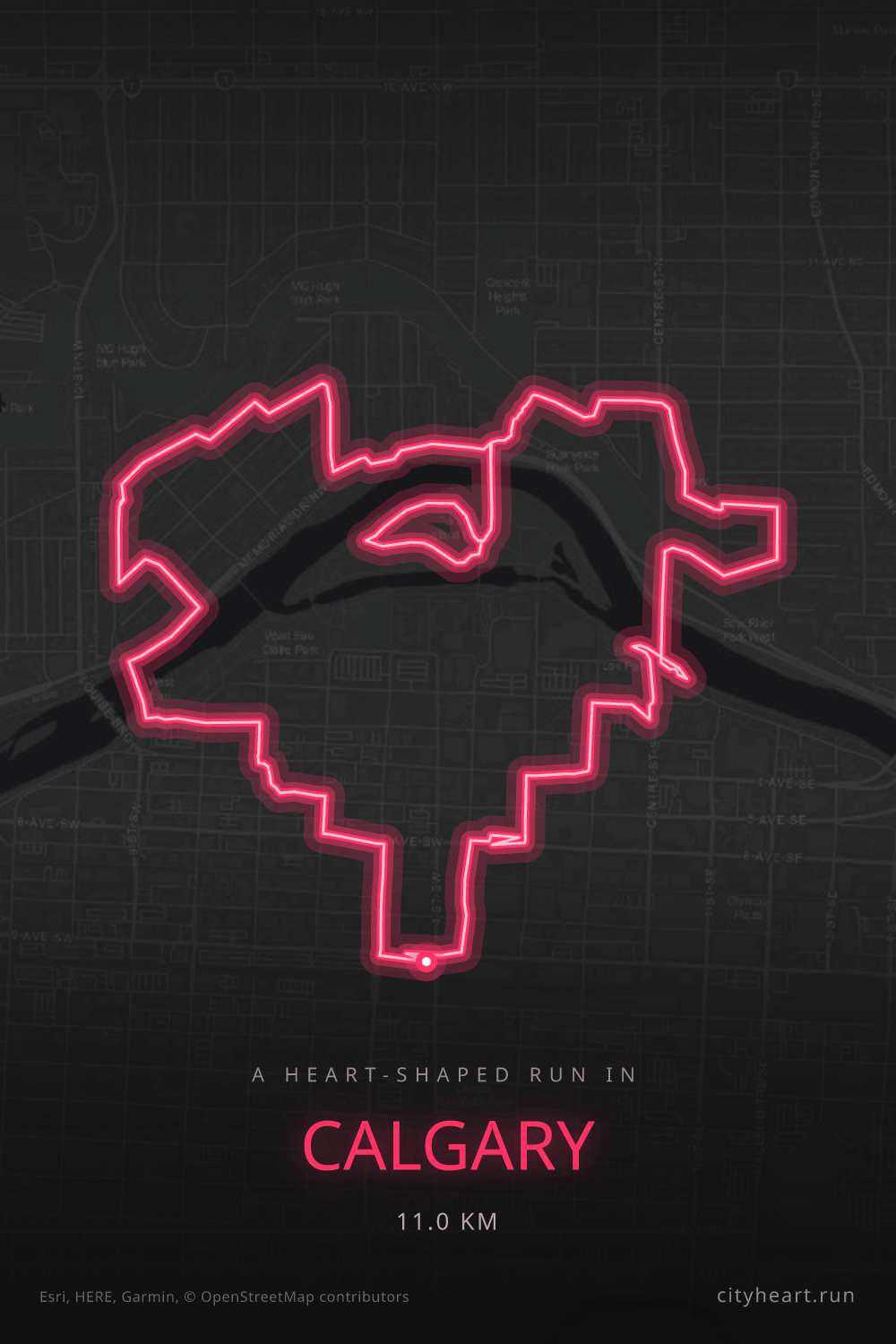 Heart-shaped running route in Calgary, 11.0 km — GPS art for Strava