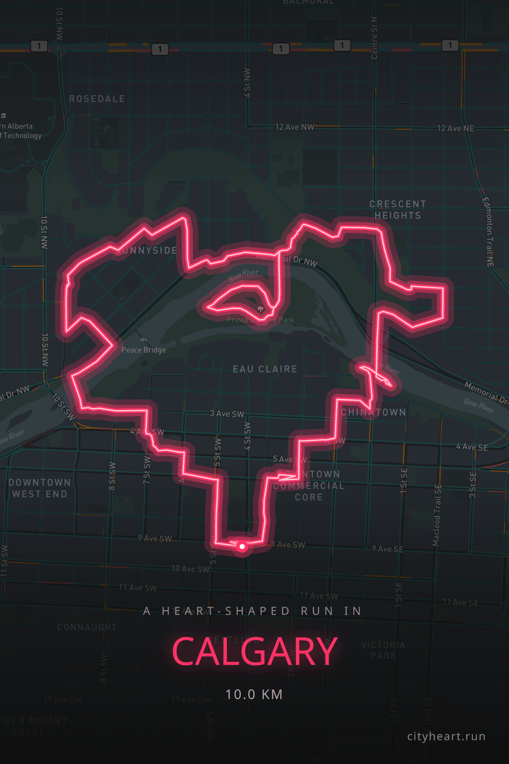 Heart-shaped running route in Calgary, 11.0 km — GPS art for Strava