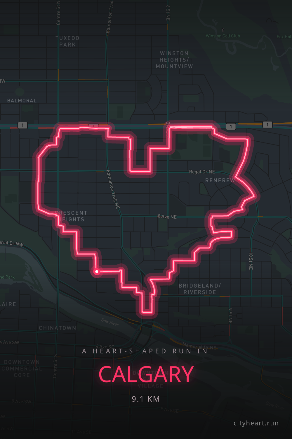 Heart-shaped running route in Calgary, 9.1 km — GPS art for Strava