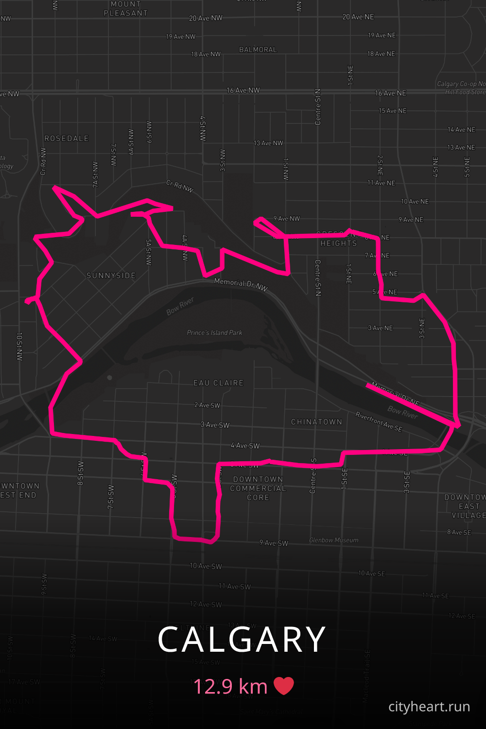 Heart-shaped running route in Calgary, 12.9 km — GPS art for Strava