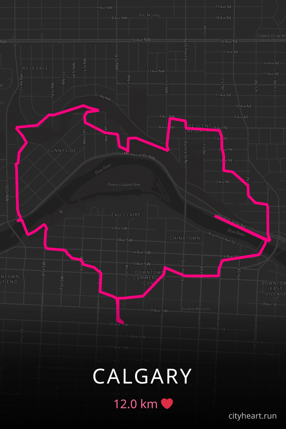 Heart-shaped running route in Calgary, 12.0 km — GPS art for Strava