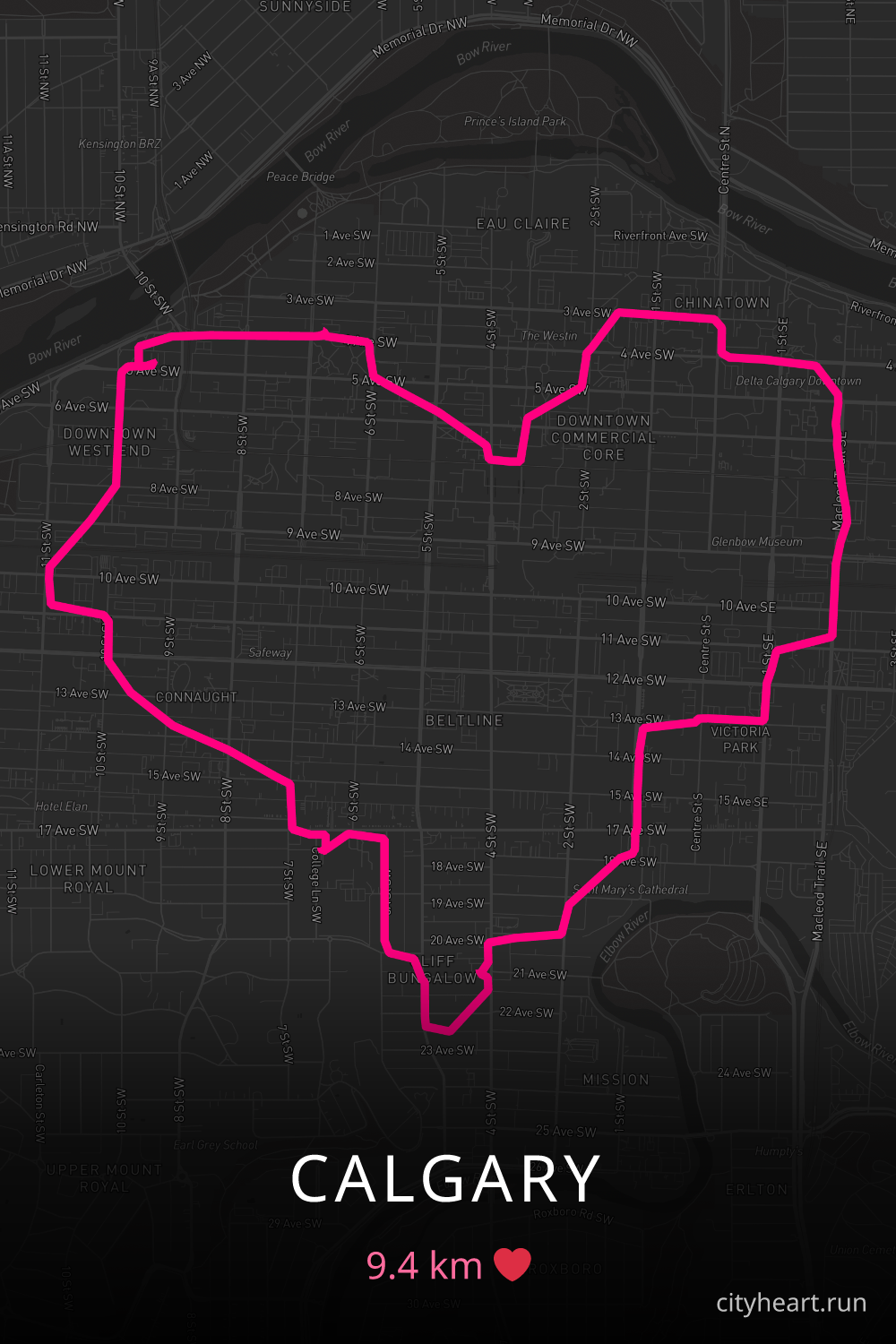 Heart-shaped running route in Calgary, 9.4 km — GPS art for Strava