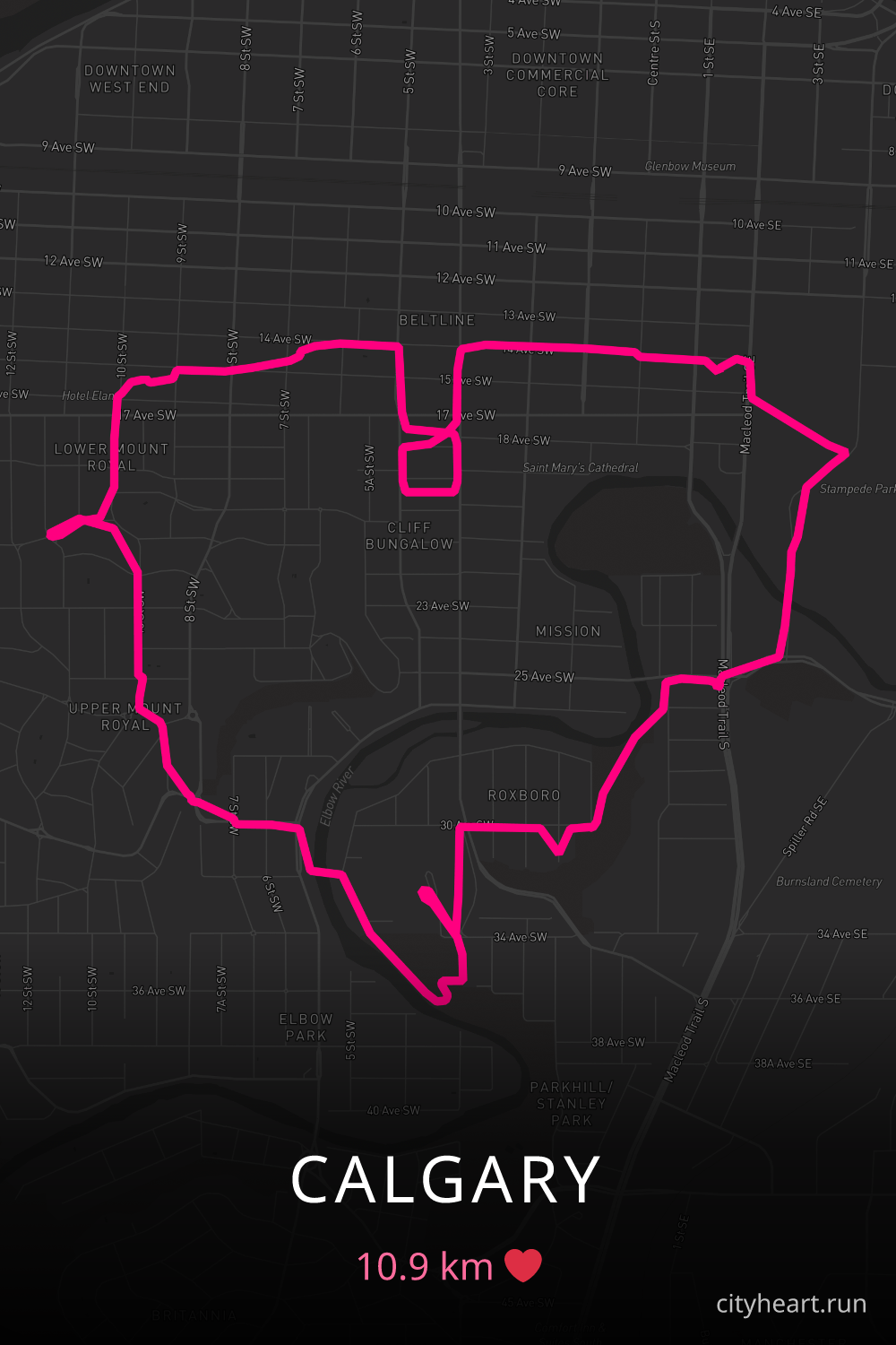 Heart-shaped running route in Calgary, 10.9 km — GPS art for Strava