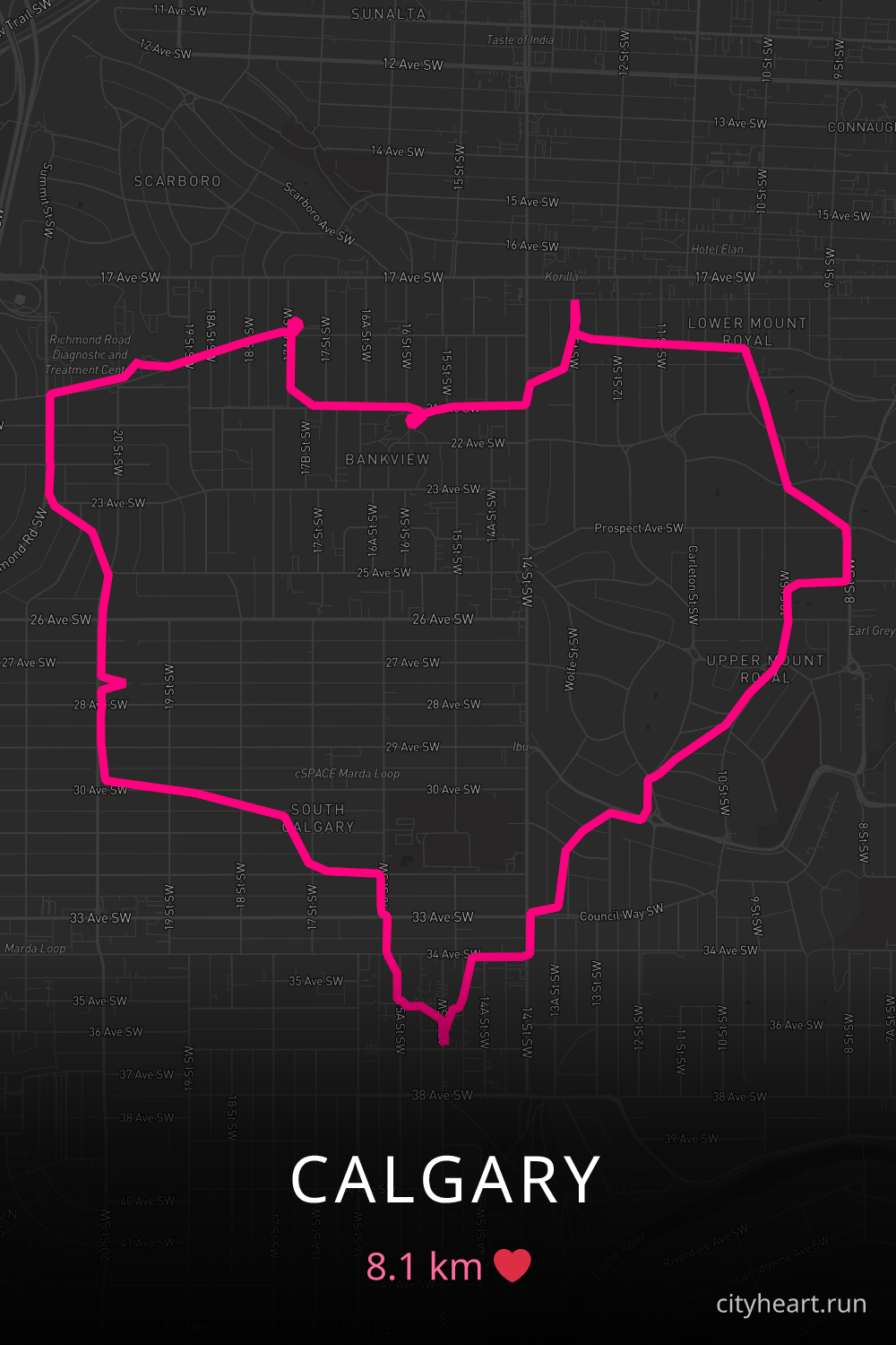 Heart-shaped running route in Calgary, 8.1 km — GPS art for Strava