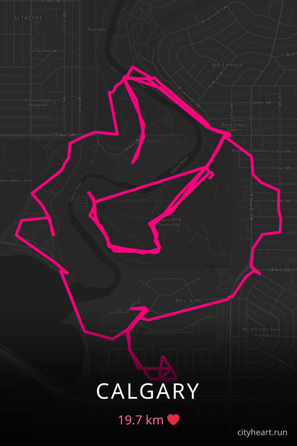 Heart-shaped running route in Calgary, 19.7 km — GPS art for Strava