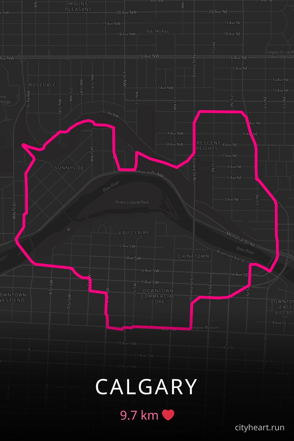 Heart-shaped running route in Calgary, 9.7 km — GPS art for Strava