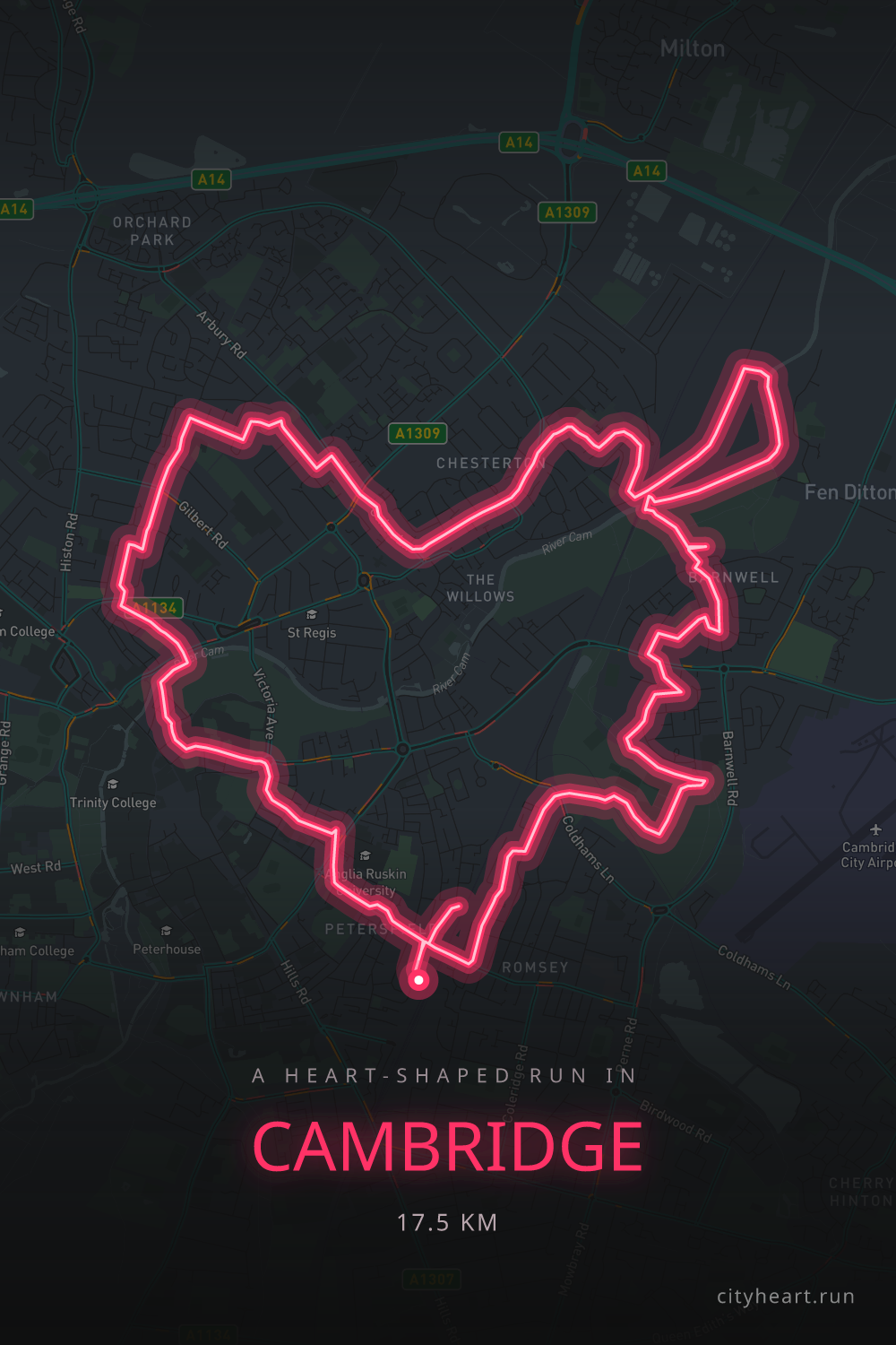 Heart-shaped running route in Cambridge, 17.5 km — GPS art for Strava