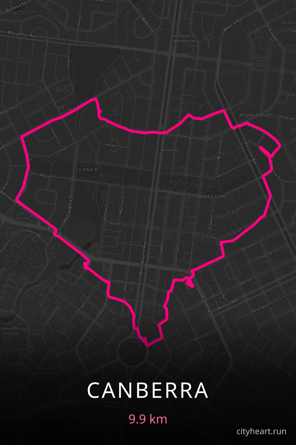 Heart-shaped running route in Canberra, 9.9 km — GPS art for Strava