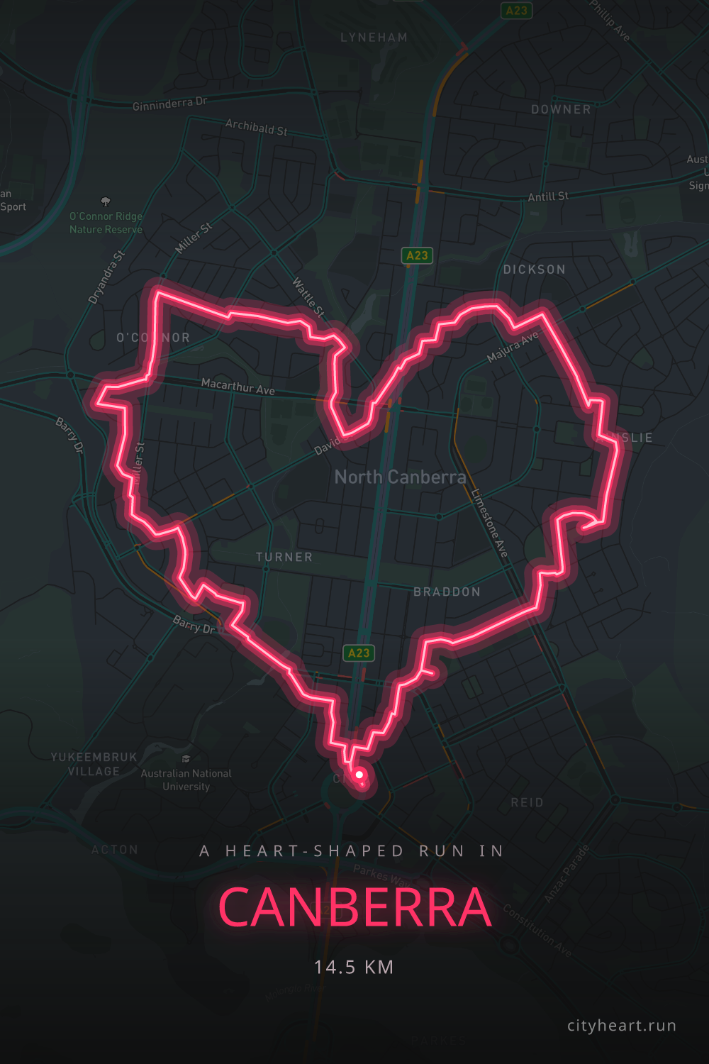 Heart-shaped running route in Canberra, 15.6 km — GPS art for Strava