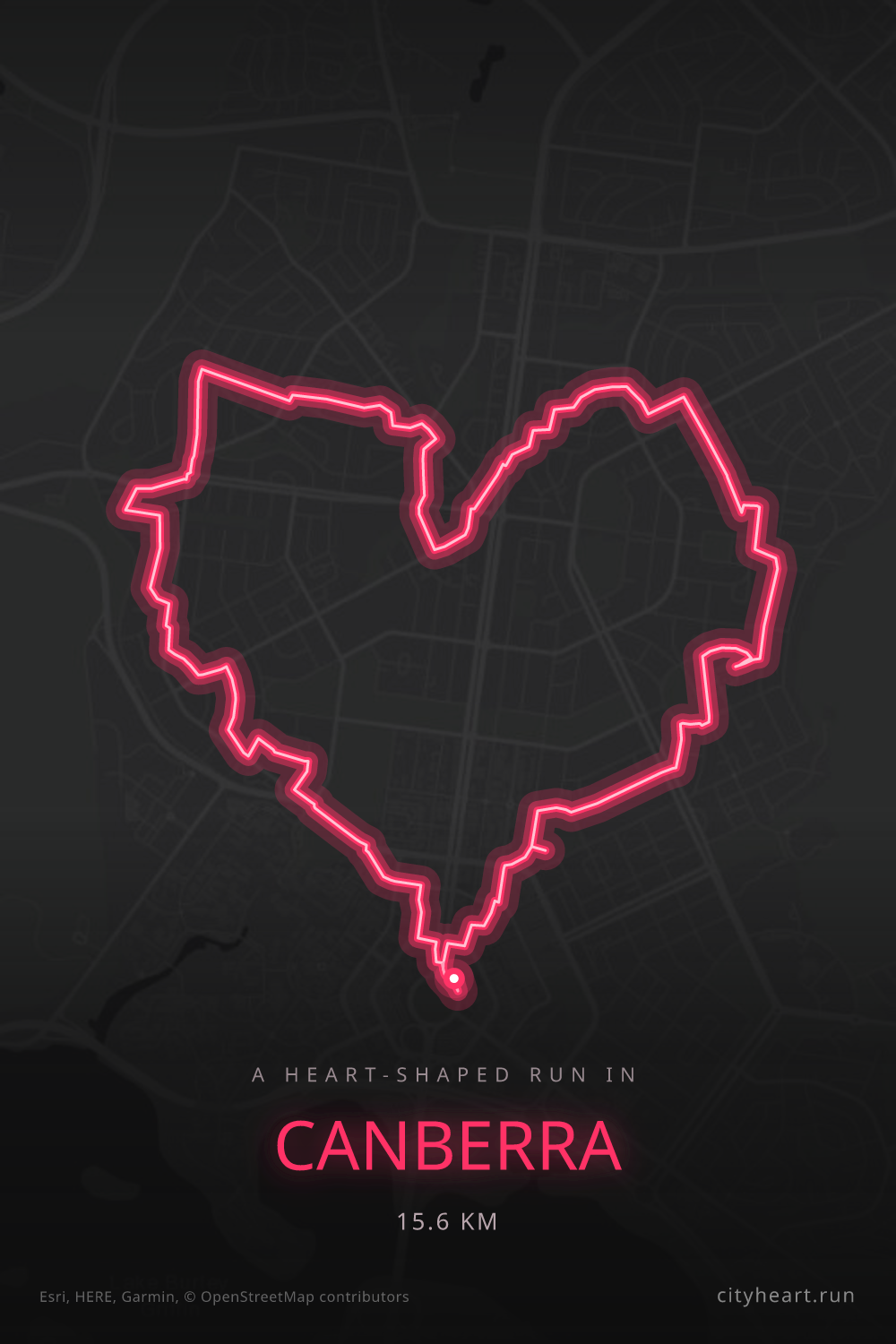 Heart-shaped running route in Canberra, 15.6 km — GPS art for Strava