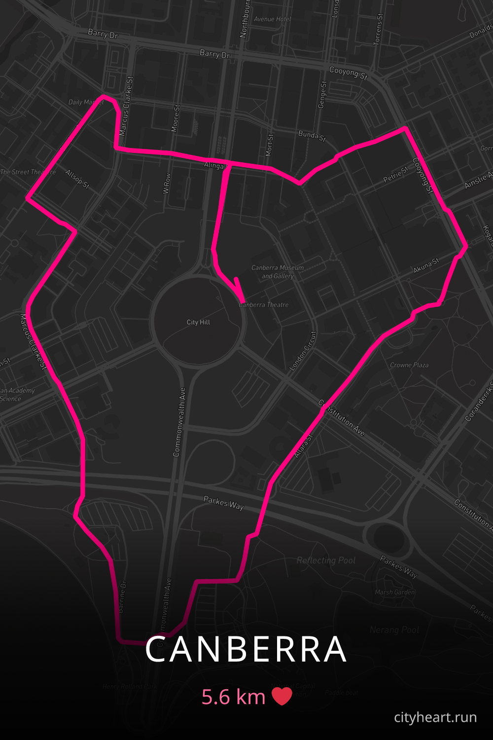 Heart-shaped running route in Canberra, 5.6 km — GPS art for Strava