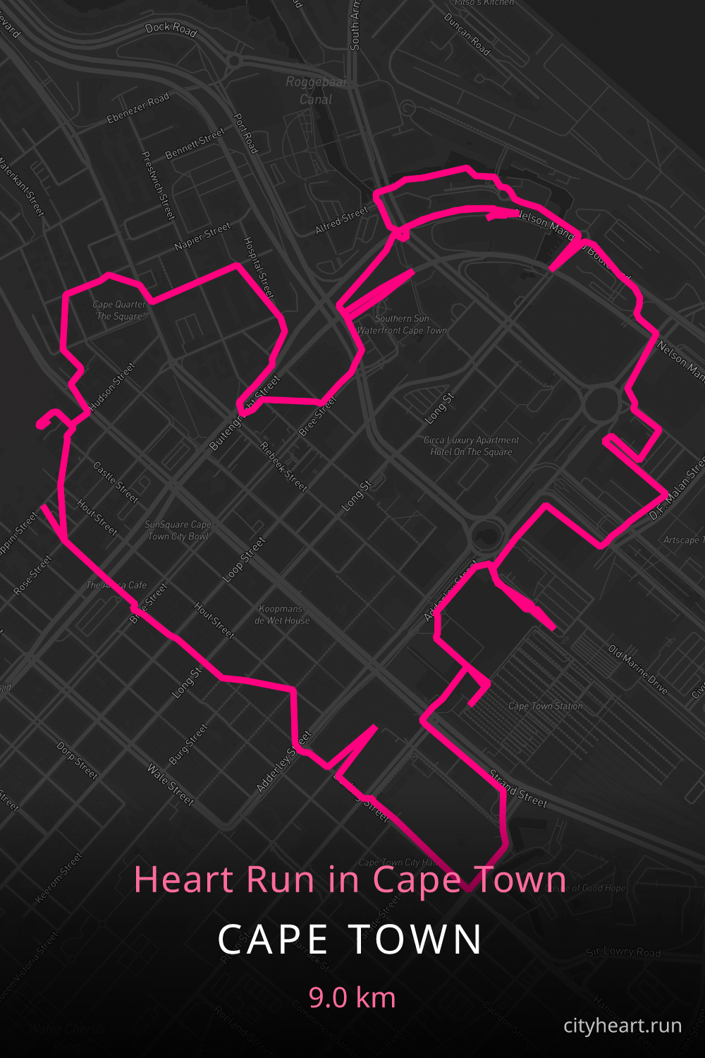 Heart-shaped running route in Cape Town, 9.0 km — GPS art for Strava