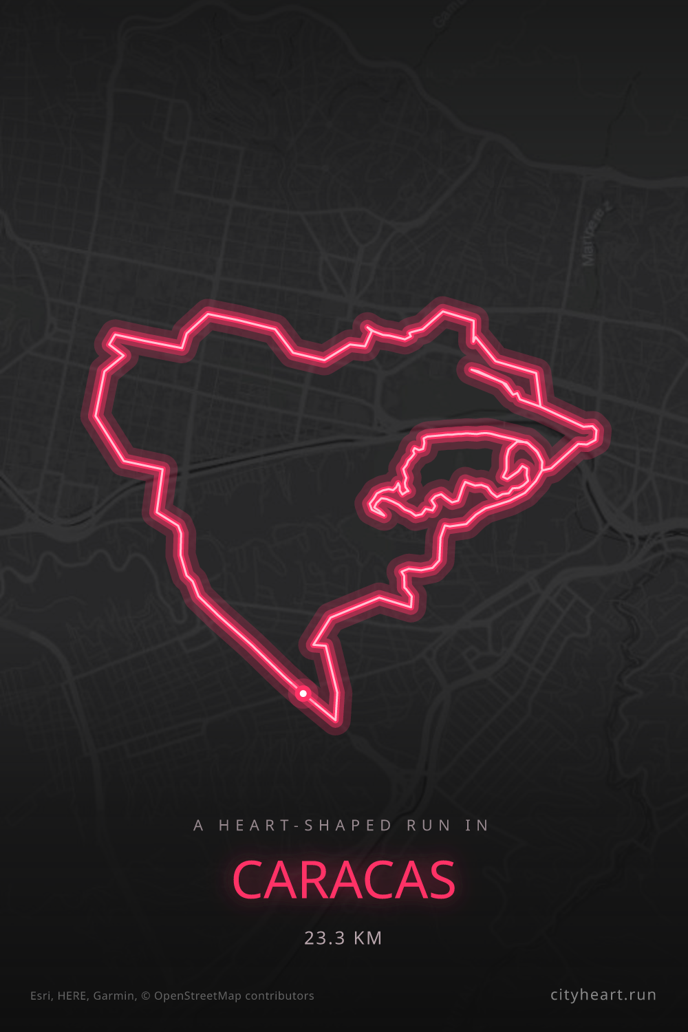 Heart-shaped running route in Caracas, 23.3 km — GPS art for Strava