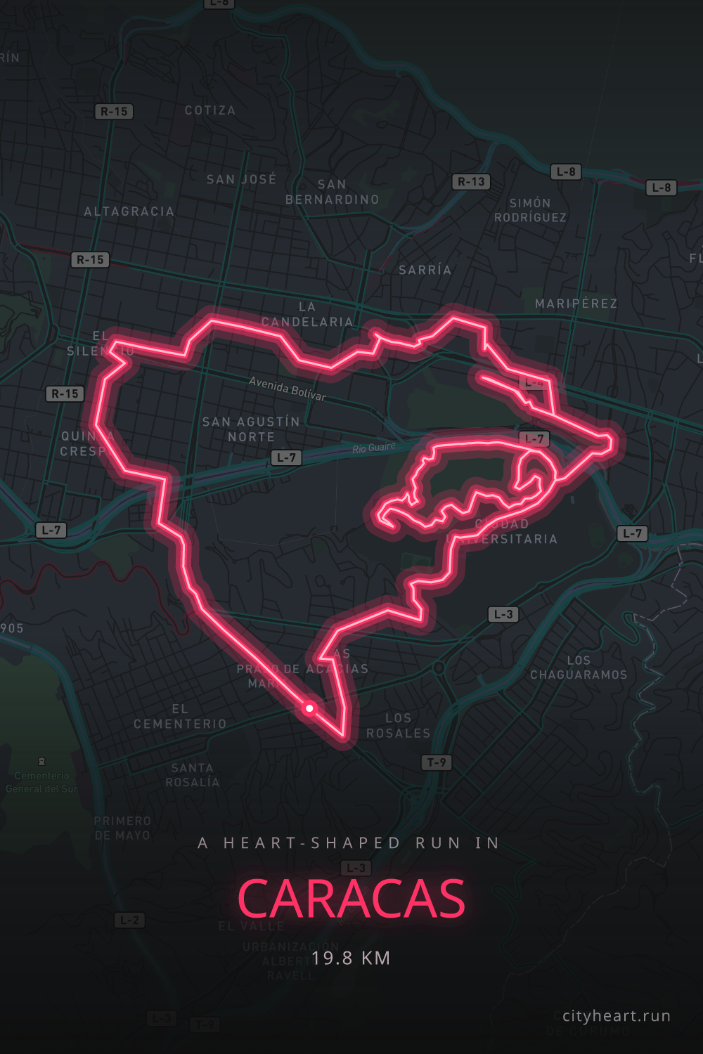 Heart-shaped running route in Caracas, 23.3 km — GPS art for Strava