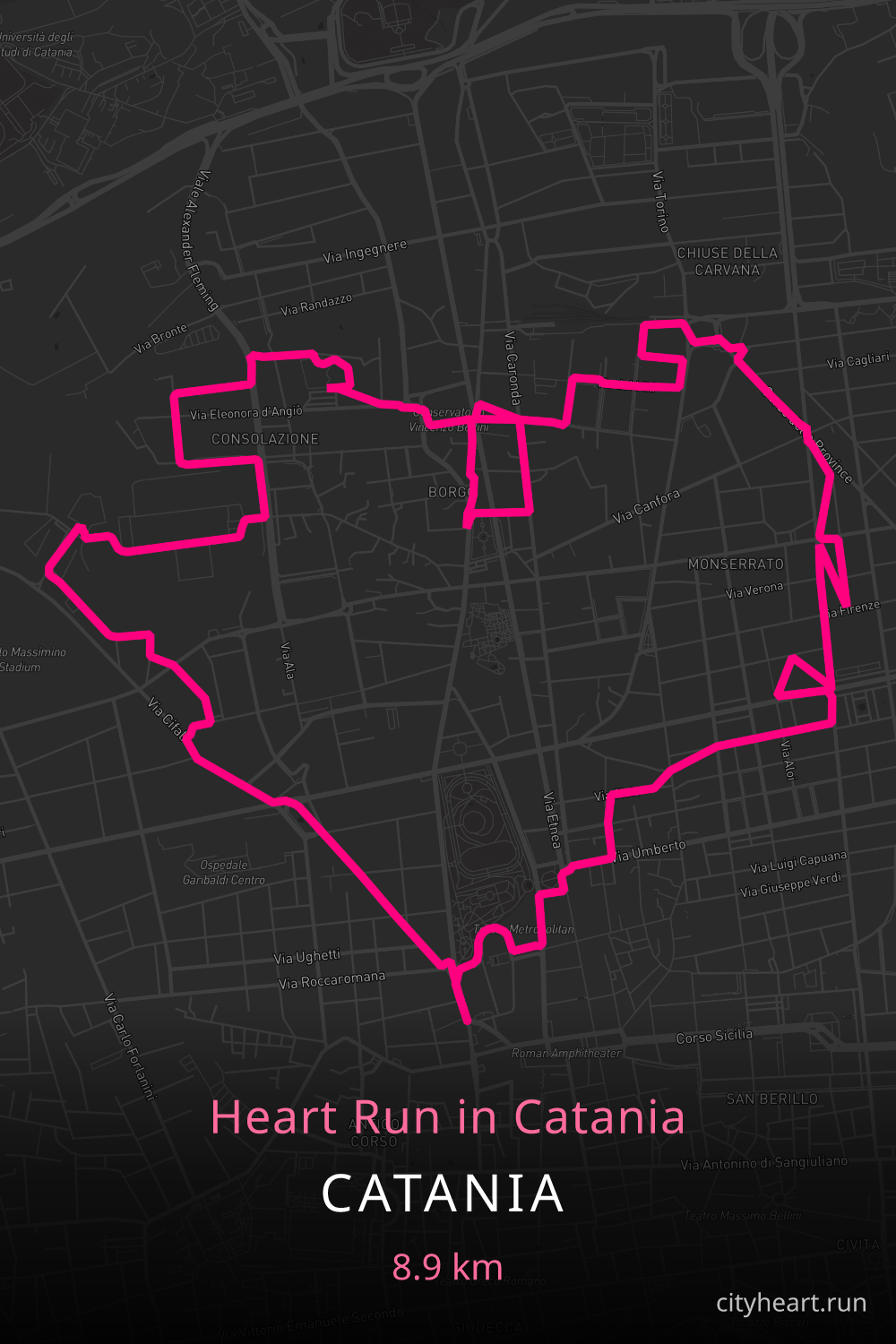 Heart-shaped running route in Catania, 9.7 km — GPS art for Strava