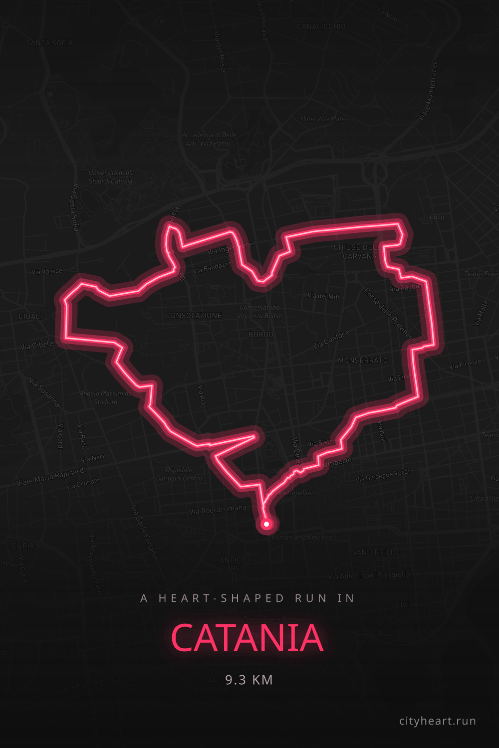 Heart-shaped running route in Catania, 11.3 km — GPS art for Strava