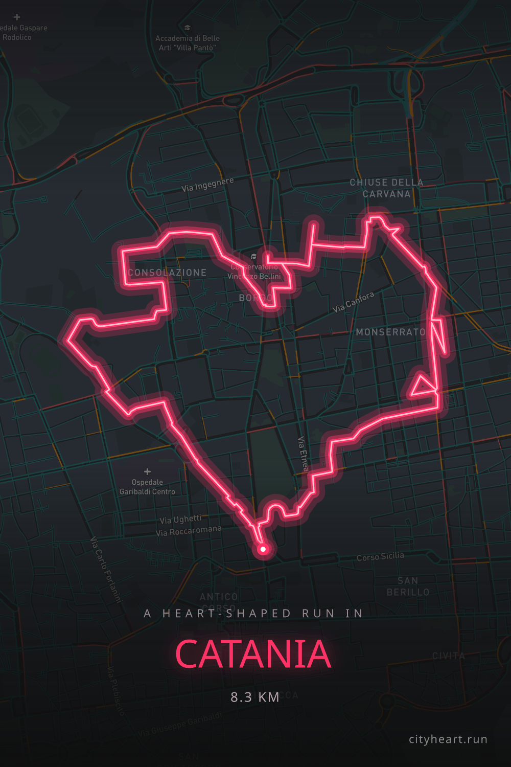 Heart-shaped running route in Catania, 9.4 km — GPS art for Strava