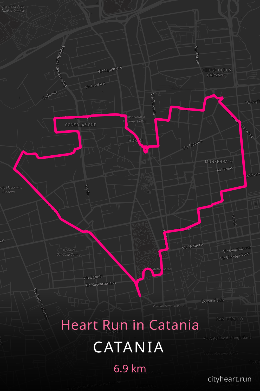 Heart-shaped running route in Catania, 6.9 km — GPS art for Strava