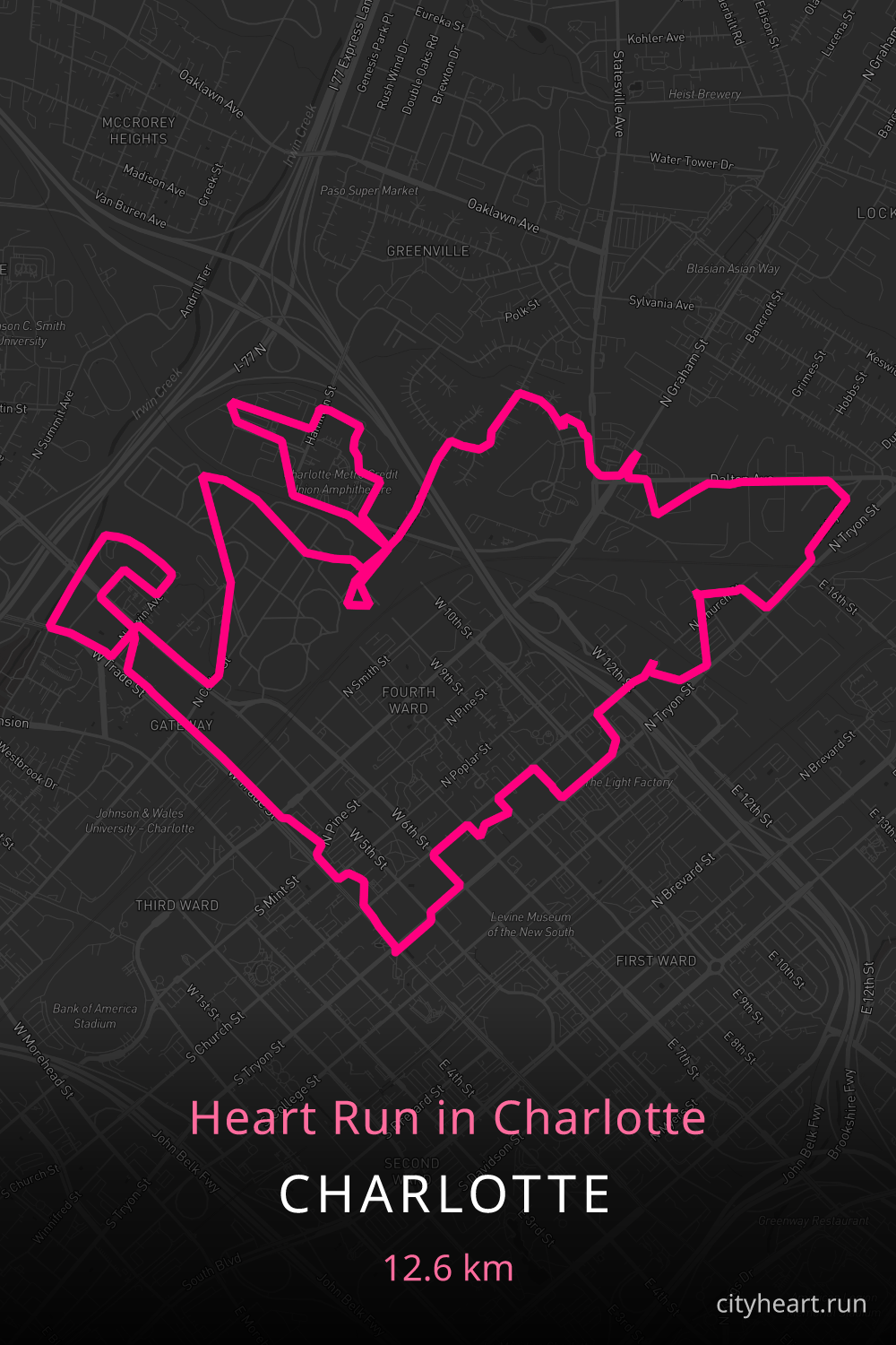 Heart-shaped running route in Charlotte, 13.5 km — GPS art for Strava