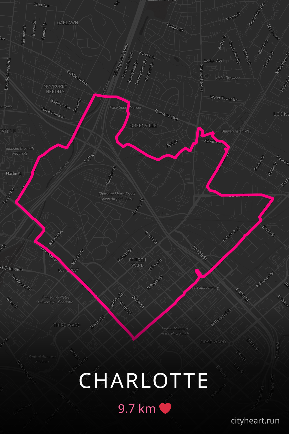 Heart-shaped running route in Charlotte, 10.7 km — GPS art for Strava