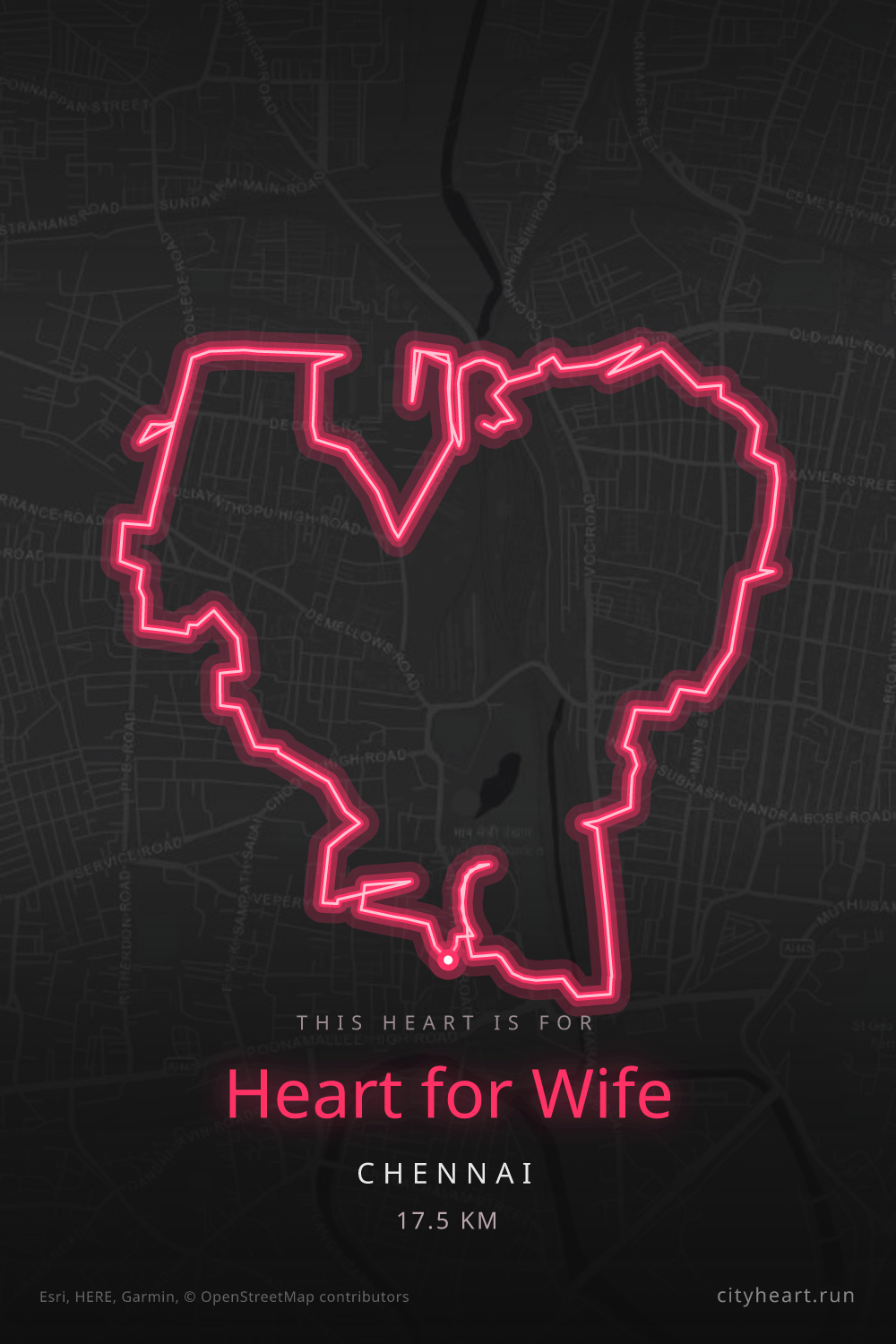 Heart-shaped running route in Chennai, 17.5 km — GPS art for Strava