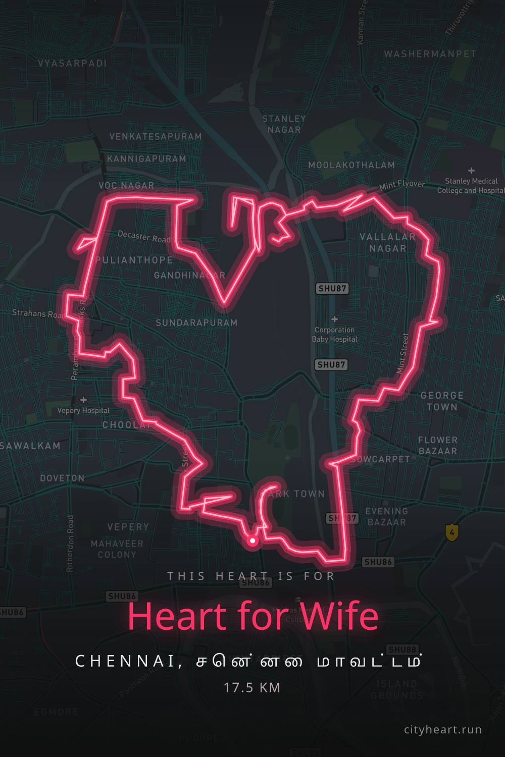 Heart-shaped running route in Chennai, 17.5 km — GPS art for Strava
