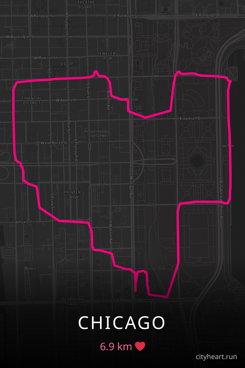 Heart-shaped running route in Chicago, 6.9 km — GPS art for Strava