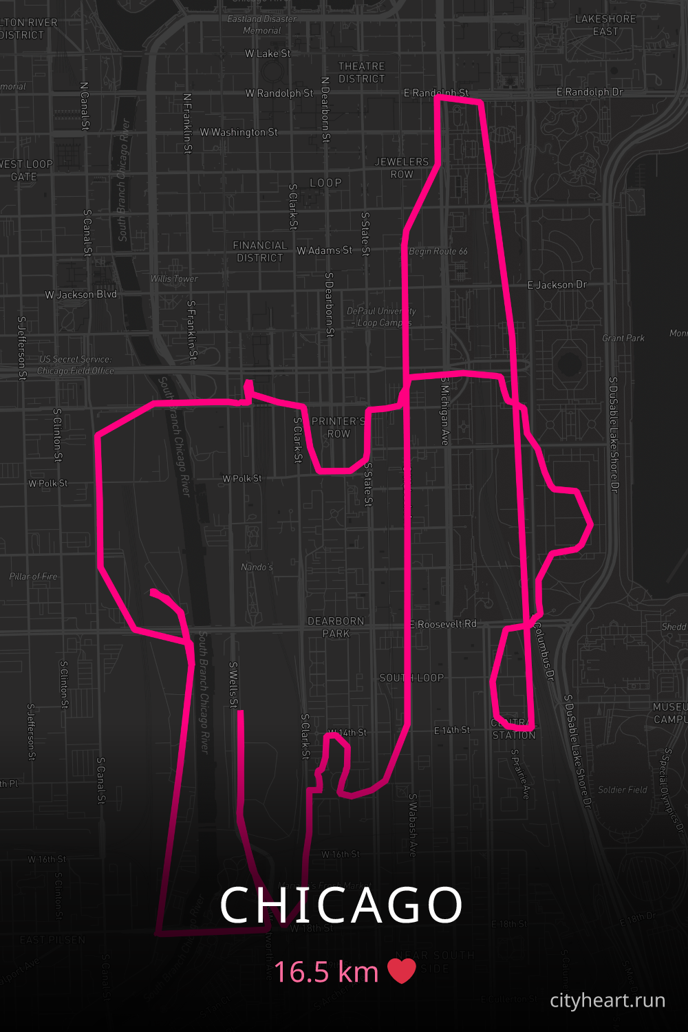 Heart-shaped running route in Chicago, 16.5 km — GPS art for Strava