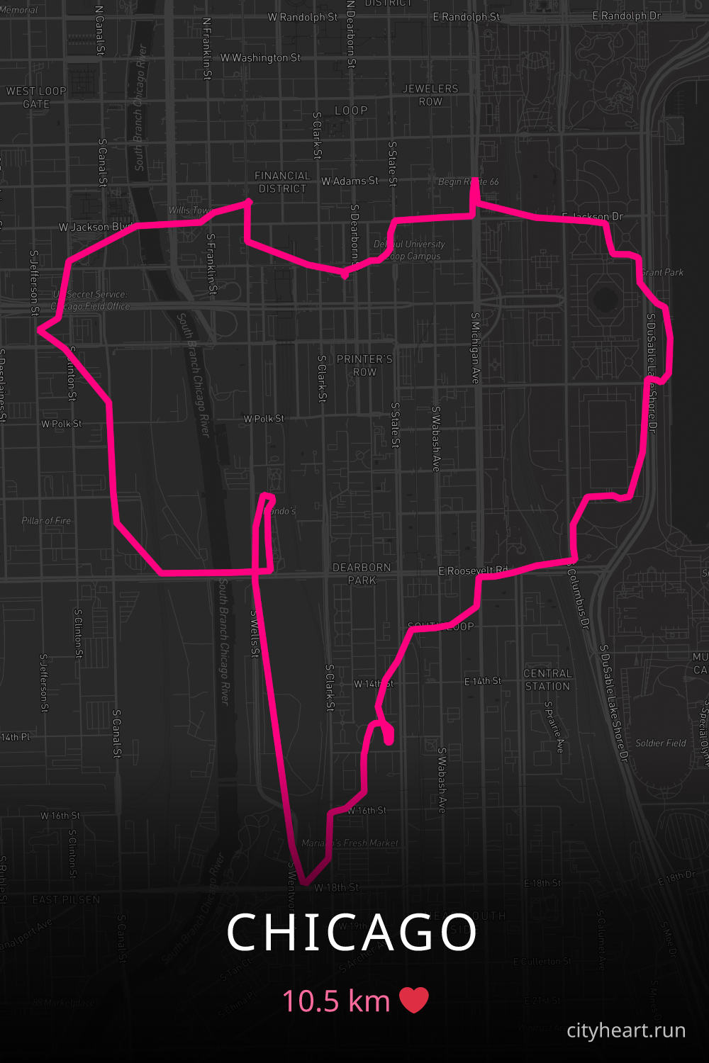 Heart-shaped running route in Chicago, 10.5 km — GPS art for Strava