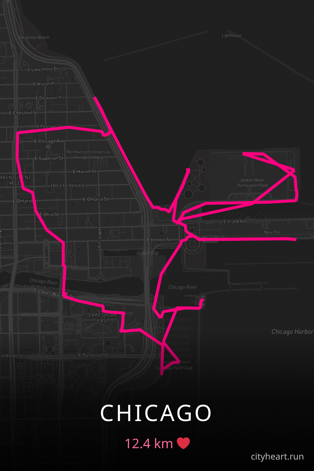 Heart-shaped running route in Chicago, 12.4 km — GPS art for Strava