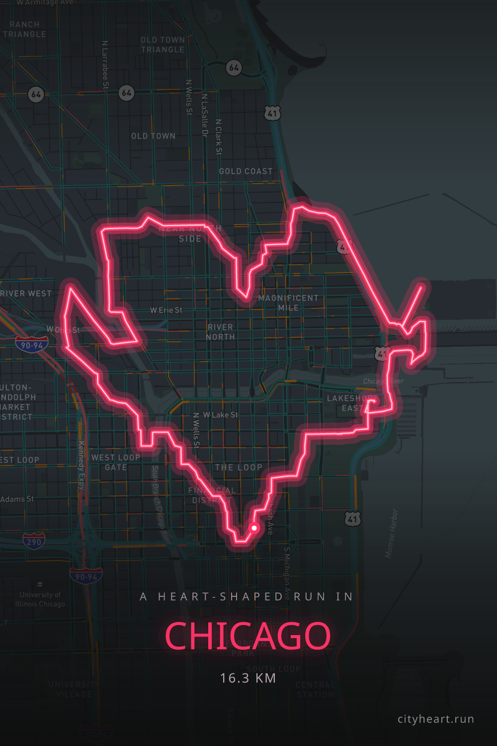 Heart-shaped running route in Chicago, 17.1 km — GPS art for Strava