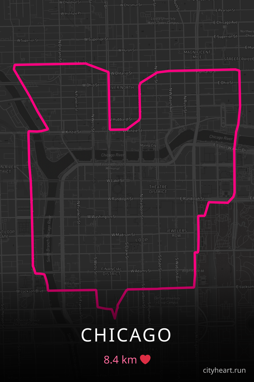 Heart-shaped running route in Chicago, 8.4 km — GPS art for Strava