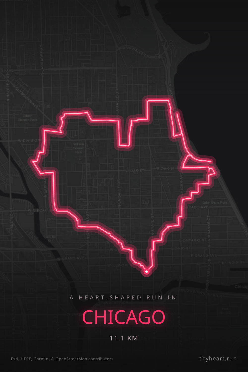 Heart-shaped running route in Chicago, 11.1 km — GPS art for Strava