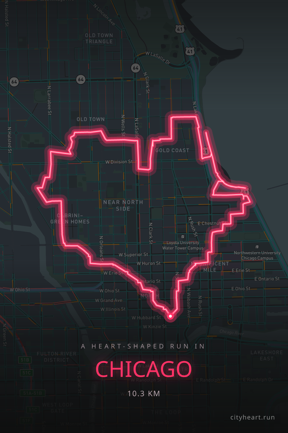 Heart-shaped running route in Chicago, 11.1 km — GPS art for Strava