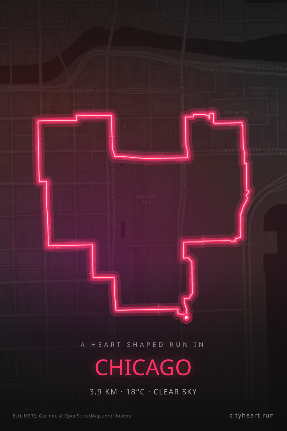 Heart-shaped running route in Chicago, 3.9 km — GPS art for Strava