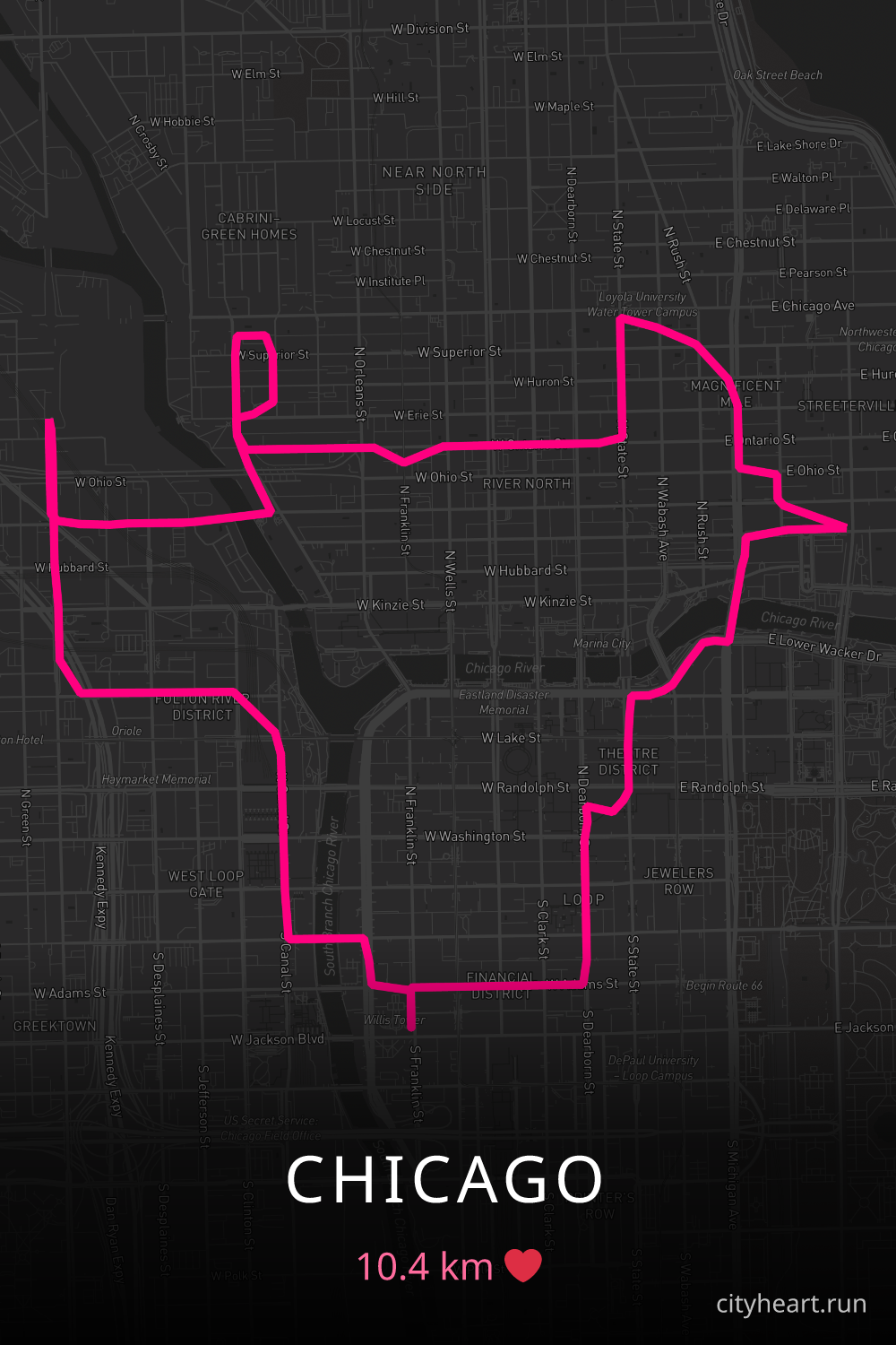 Heart-shaped running route in Chicago, 10.4 km — GPS art for Strava