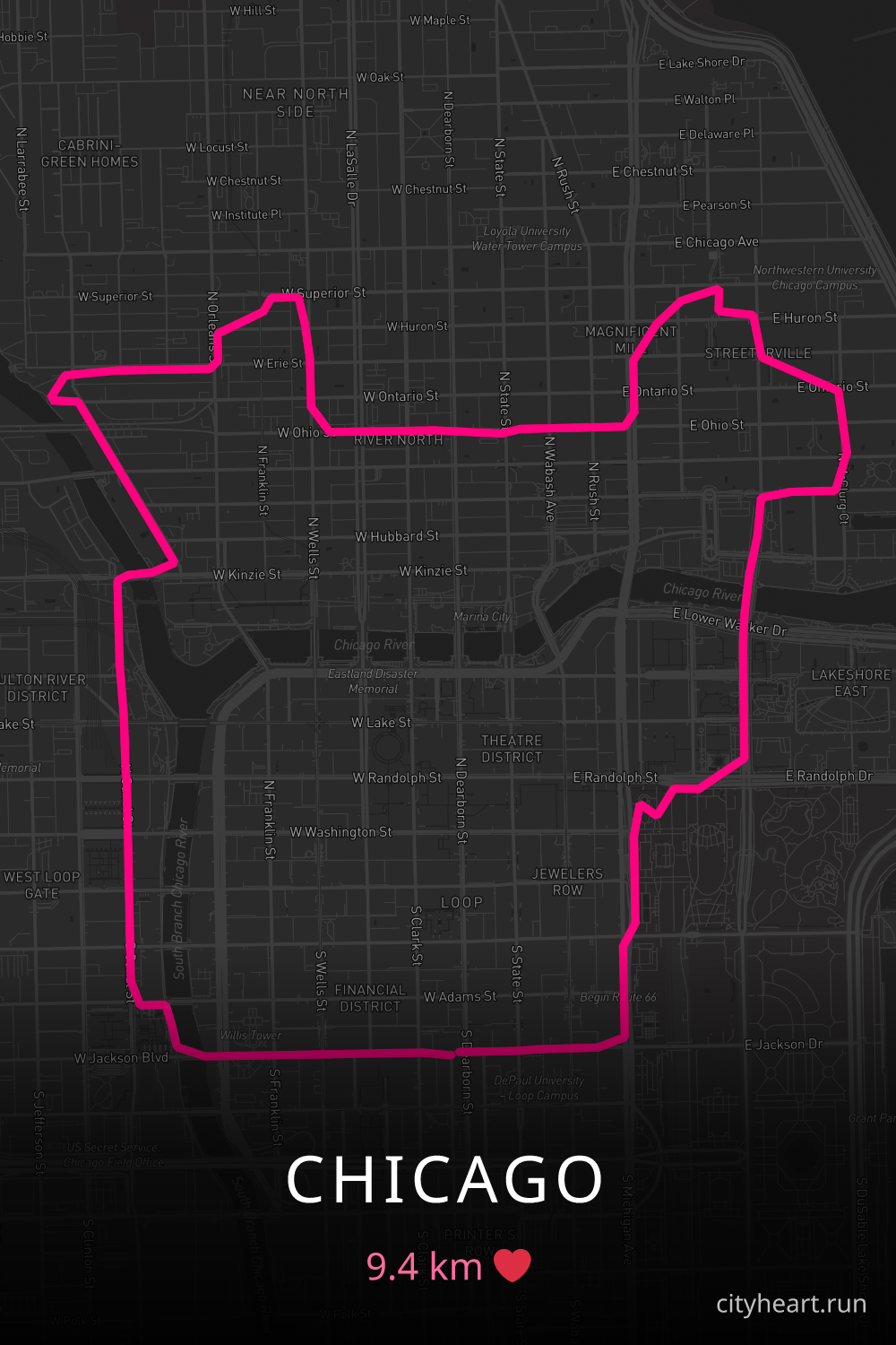 Heart-shaped running route in Chicago, 9.4 km — GPS art for Strava