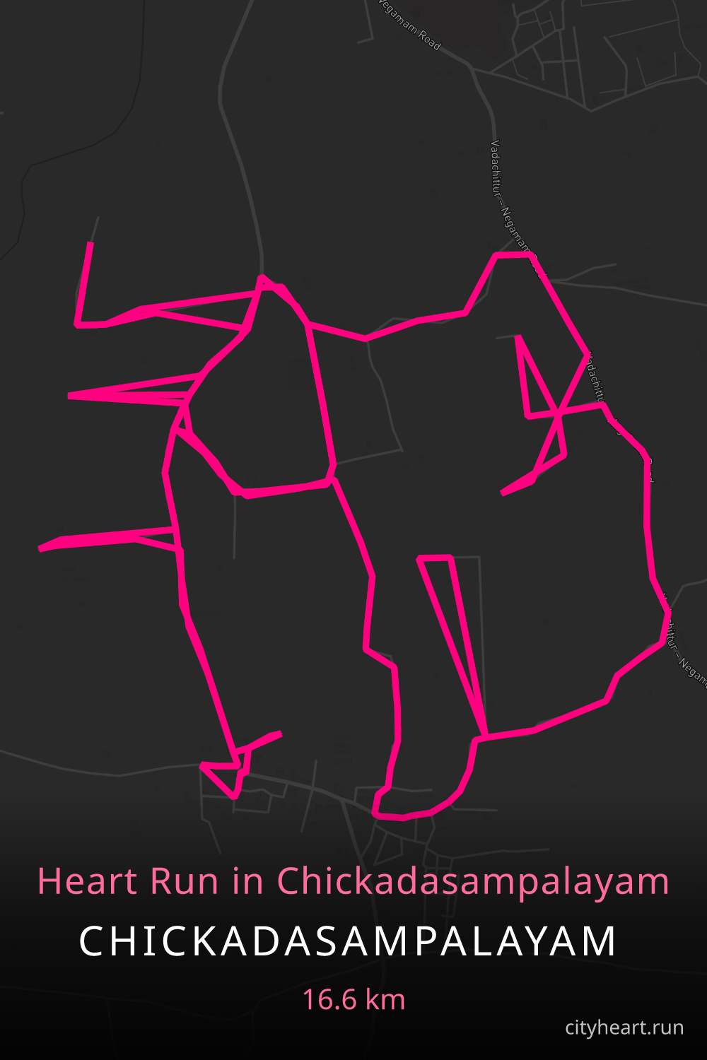 Heart-shaped running route in Chickadasampalayam, 16.6 km — GPS art for Strava