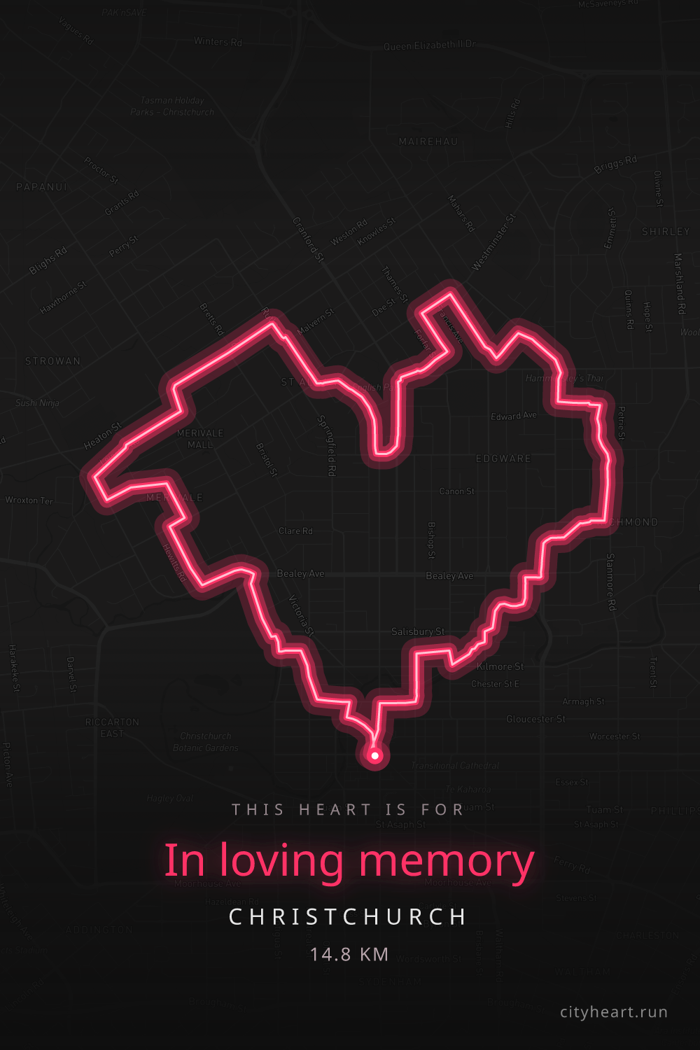 Heart-shaped running route in Christchurch, 15.4 km — GPS art for Strava