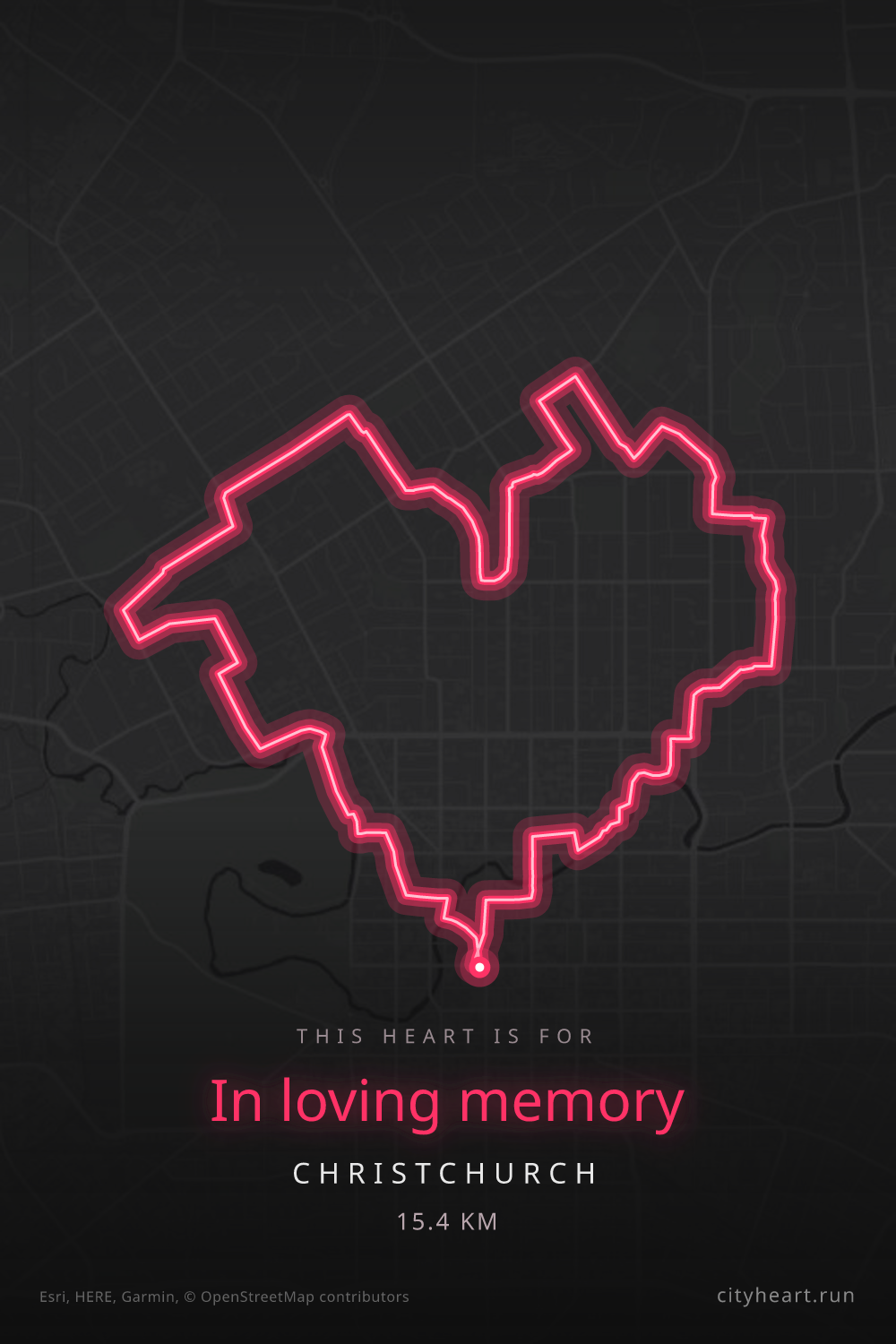 Heart-shaped running route in Christchurch, 15.4 km — GPS art for Strava