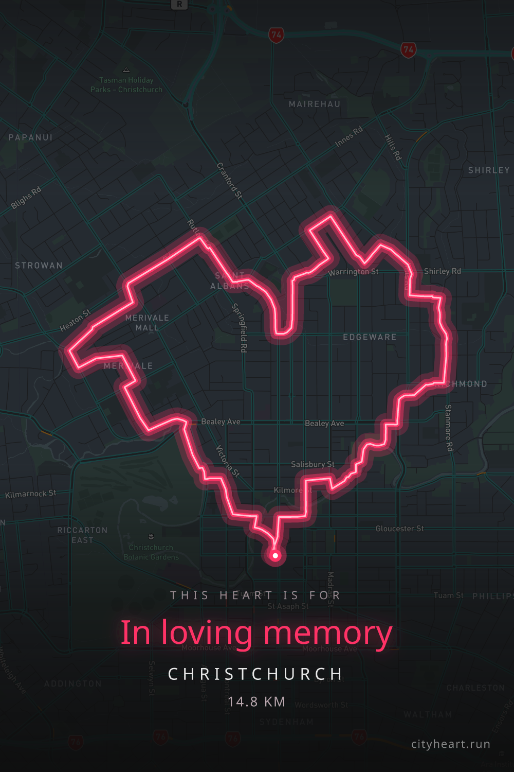 Heart-shaped running route in Christchurch, 15.4 km — GPS art for Strava