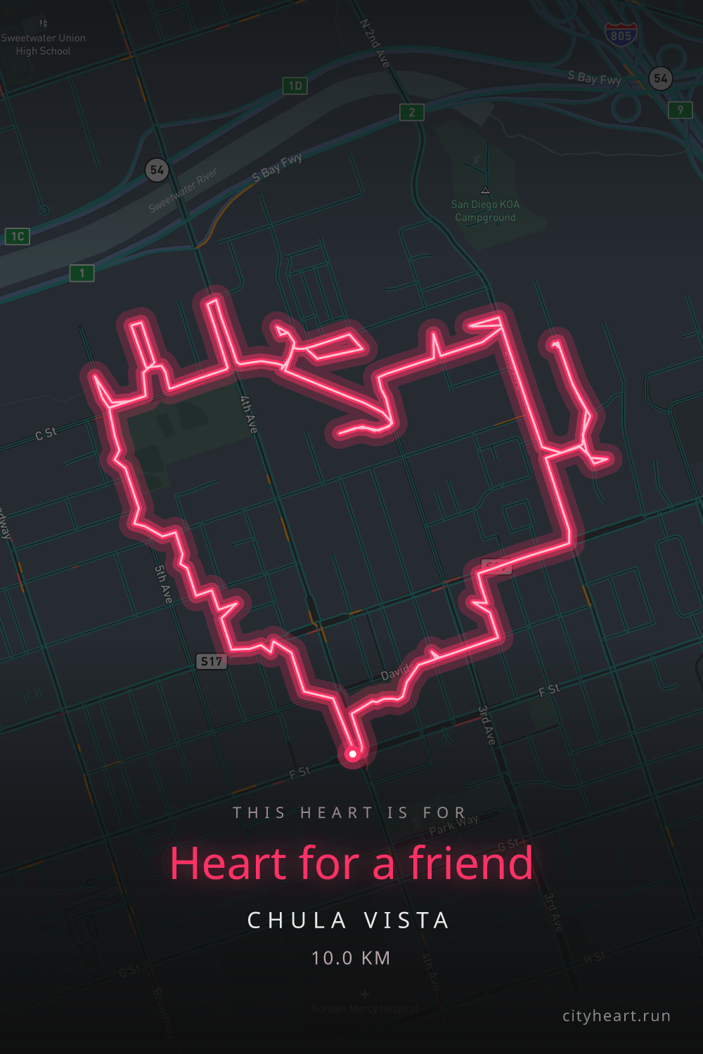 Heart-shaped running route in Chula Vista, 10.0 km — GPS art for Strava