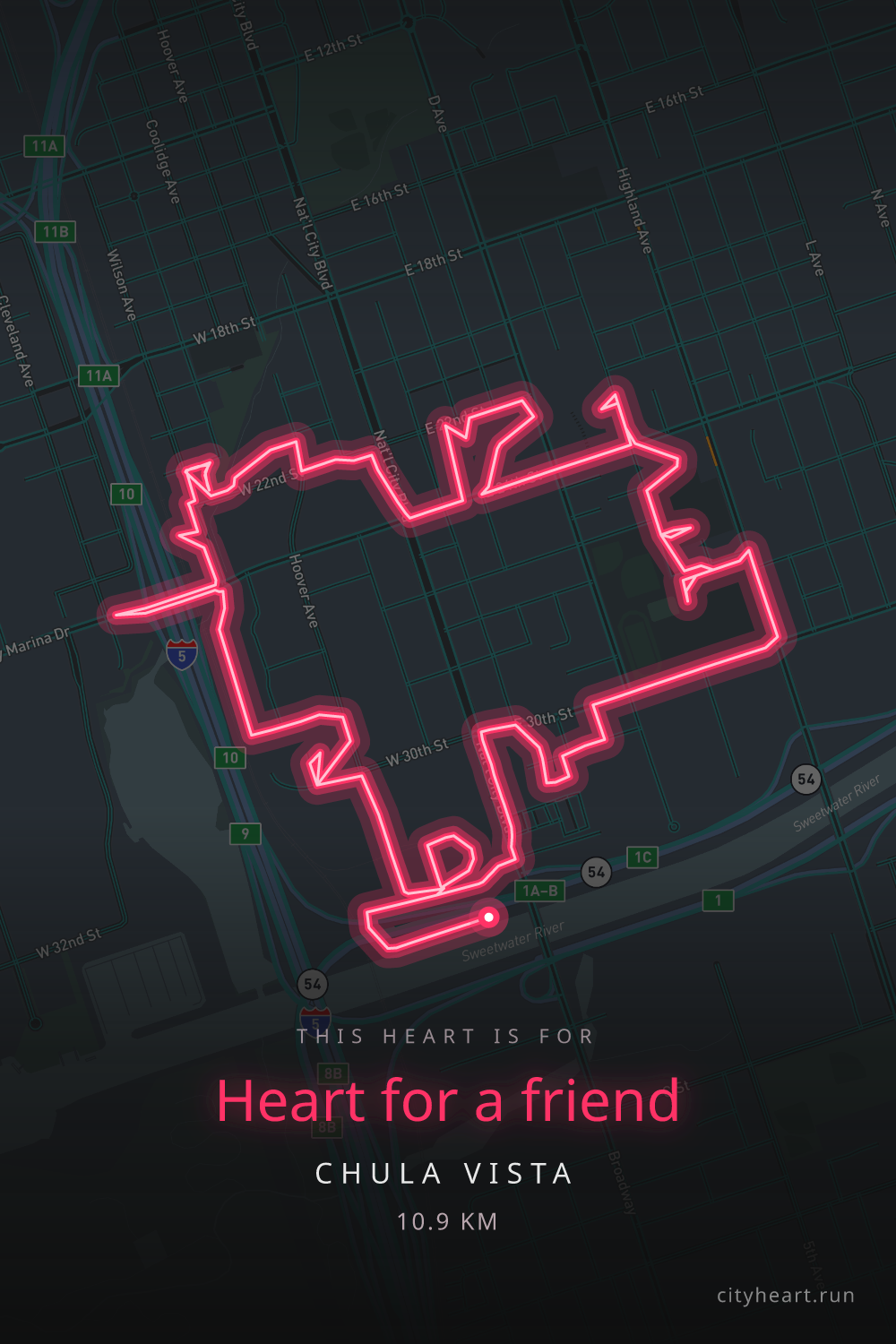 Heart-shaped running route in Chula Vista, 10.9 km — GPS art for Strava