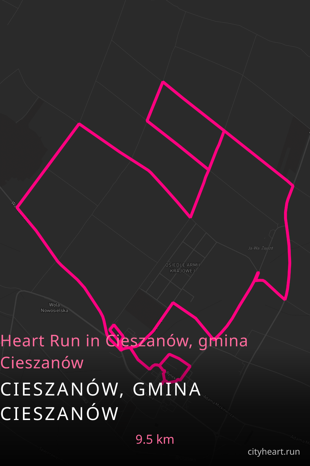 Heart-shaped running route in Cieszanów, gmina Cieszanów, 9.5 km — GPS art for Strava
