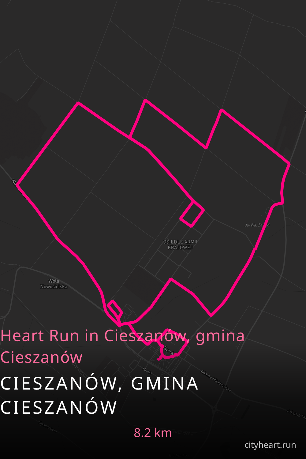 Heart-shaped running route in Cieszanów, gmina Cieszanów, 8.2 km — GPS art for Strava